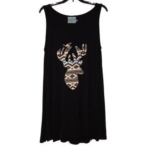 Casual Judith Mark Black Flowing Tunic Dress with Embroidered Deer Head